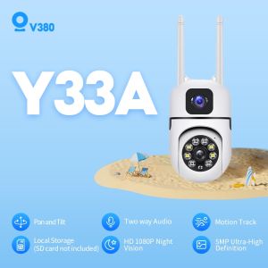CCTV Outdor Dual Lensa V380 Y33A Dual Lens CCTV Camera Kecil Tahan Air HD 1080P Wi-Fi Koneksi Nirkabel Penglihatan Malam Lensa Ganda Kamera Keamanan Dua Pelayaran PTZ
