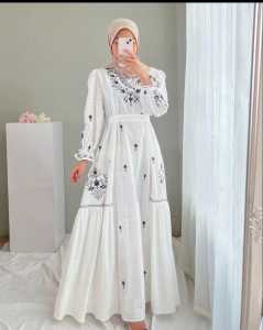 Baju Gamis Model Terbaru Edelia Maxi BO Bahan Polo Linen Aplikasi Bordir Free Tali Pinggang Dress Wanita Kondangan Kekinian Jumbo M L XL XXL Viral Termurah Simpel Outfit Hijab Casual Korean Style