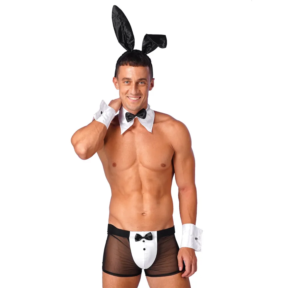 Mens Waiter Tuxedo Lingerie Sexy Cosplay Costume Role Play Uniform See  Through Briefs Underwear with Bunny Ears Headband Collar | Lazada