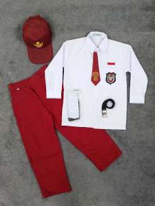 setelan seragam sekolah merah putih panjang anak laki-laki sd kelas 1-6 topi merah
