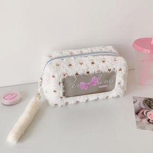 ins Simple silver-embossed plush makeup bag with high aesthetic appeal bow-tie transparent stationery storage bag portable pencil case for students