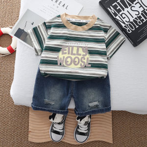 0-5 years old boys clothes set summer new childrens fashion striped short-sleeved denim shorts new handsome baby suit top + shorts suit