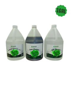 Hydroponics Essential Bundle 1 Gallon Iron Chelate + 1 Gallon pH Down + 1 Gallon Hydrogen Peroxide | Complete Nutrient Solution Kit for DWC NFT Kratky & Soil Gardening | Boosts Root Health pH Control Oxygenation & Plant Growth