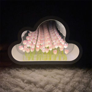 20FLOWERS!! Tulip Lamp Cloud Mirror Night Light with Mirror DIY Desktop LED Night Lamp for Birthday Gift 云朵郁金香镜子小夜灯