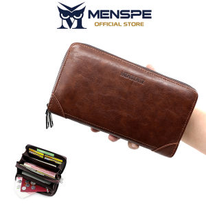 MENSPE กระเป๋าสตางค์ใบยาวสำหรับผู้ชาย หนัง PU นุ่ม กระเป๋าสตางค์ใบยาวอเนกประสงค์ ความจุขนาดใหญ่ ช่องใส่บัตรหลายช่องพร้อมซิปคู่ ช่องใส่บัตรหลายช่อง ช่องใส่บัตรเครดิต หนัง PU เคลือบแว็กซ์น้ำมันสไตล์วินเทจ กระเป๋าใส่เหรียญสำหรับธุรกิจ