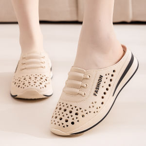 Free Shipping New Flat-Soled Non-Slip Closed-Toe Slippers For Mothers Featuring A Faux Leather Upper A Wedge Heel And A Perforated Design Suitable For Outdoor Wear WomenS Slippers