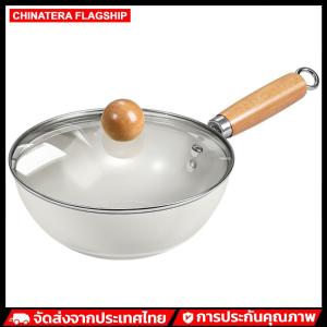 กระทะ nonstick เซรามิกพร้อมฝาปิดด้านล่างแบนรอบแบนพร้อมด้ามจับแบบสัมผัสเย็นสำหรับการปรุงปลาผักเนื้อปลา