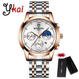 [With Free Box]Ykai Fashion Mens Watches Luxury Brand Dual Calendar Luminous Prismatic Diamond Dial Stainless Steel Strap Waterproof Quartz Wristwatch Fashion Casual Golden Watch B3591