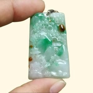 Good Quality Very Beautiful Light Green Brown Natural Type A Jadeite Jade crafted with sceneries as Pendant certificate weighs 9.72 grams measurement 40 * 24.8 * 4.6 mm (pendant288)