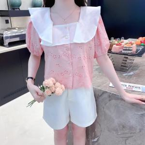 Ammin phong cách cổ điển Crochet thêu Hollow búp bê cổ áo vuông Áo sơ mi ngắn tay của phụ nữ mỏng mùa hè Ngọt Ngào Phong cách phương Tây áo nhỏ hàng đầu