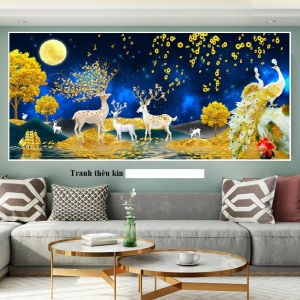(Tranh CHƯA THÊU) Tranh thêu kín Hươu Tài Lộc trên Núi Vàng và Chim Công Phú Qúy 150x70 cm MN0244