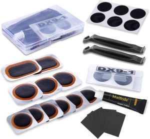 Bike Inner Tire Patch Repair Kit - with 11 PCS Vulcanizing Patches 6 PCS Pre Glued Patchs Portable Storage Metal Rasp and Lever - Also for Motorcycle BMX and Inflatable Rubber.