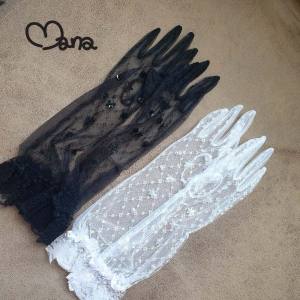 ถุงมือลูกไม้ยาว มีเลื่อม สีขาว สีดำ ข้อมือระบายลูกไม้ สำหรับเด็กและผู้ใหญ่