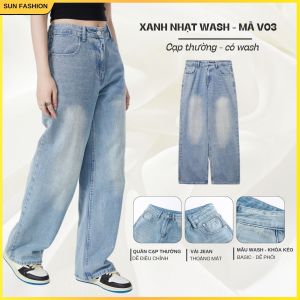 Quần jean quần bò nam nữ ống rộng SUN 95 XANH NHẠT nửa cạp chun phối đồ thoải mái theo phong cách hàn quốc