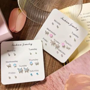 7pairs/set Fashion Korean Idol Imitation Pearl Zirconia Butterfly Earrings Set Pink Jewelry for Girls Gift