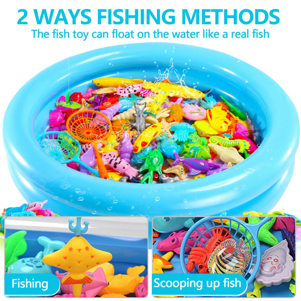 42PCS Fishing Game Toy Set Magnetic Fishes with Inflatable Pool Fishing  Boats Rods Nets Funny Water Toys for Kids Boys Girls