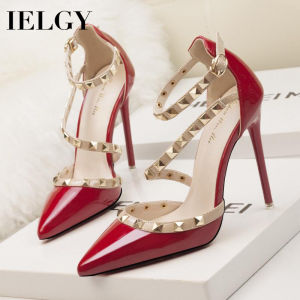 IELGY Simple Stiletto High Heel Shallow Mouth Pointed Studs Hollow Heels