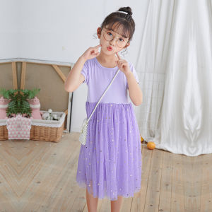 ชุดเดรสตาข่ายแวววาวของเด็กผู้หญิงเดรสแฟชั่นของเด็กสีพื้นคอกลมแขนสั้นปี2022