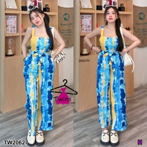 P20627 Set 2 ชิ้น เสื้อแขนกุด มัดย้อม #ลายตรง + กางเกงขายาว ผูกโบว์เอว