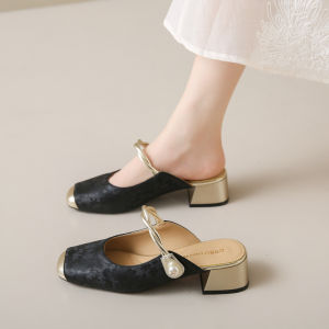 Retro Ethnic Style High-Heeled Mules For Women 2025 Summer New Closed-Toe Half Mules For Outdoor Wear