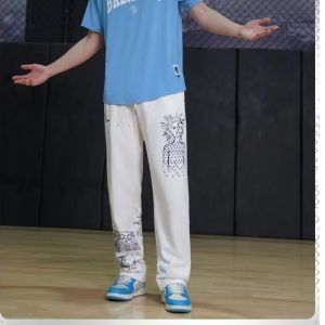 Z1BEE 2025 Mens Basketball Pants Print Cotton Sweatpants American Casual Loose Street Hip Hop Wide Leg Straight Jogger Black White