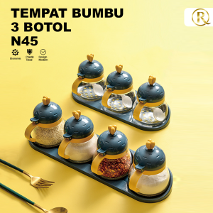 Tempat Bumbu Dapur Kaca N45 250g isi 3 Botol dengan Sendok dan Tatakan