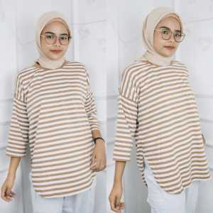 Blouse Wanita Terbaru Jumbo Oval Salur Blus Bahan Kaos Katun Cvc Baju Atasan Kekinian Ootd Hijab