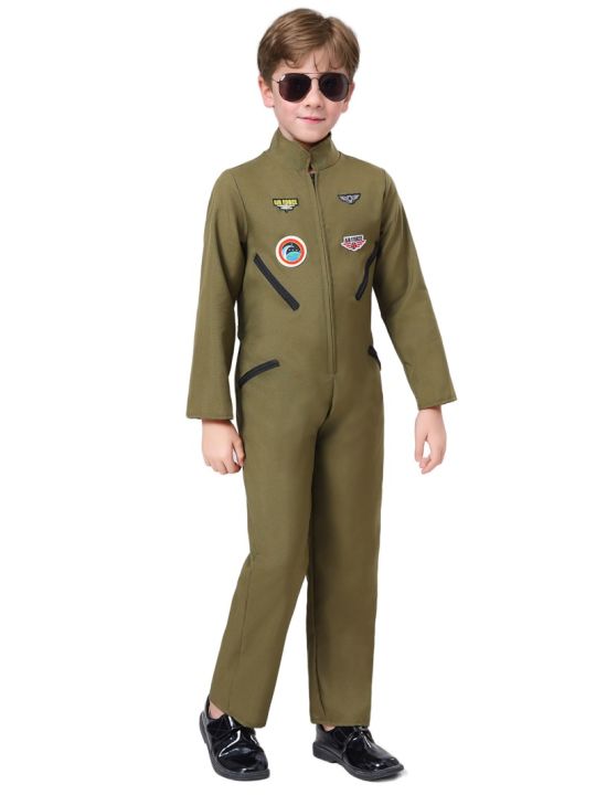 Kids' Flight Suit Costume - Air Force Pilot Jumpsuit For Dress-Up & Halloween | Khaki Green Military Style