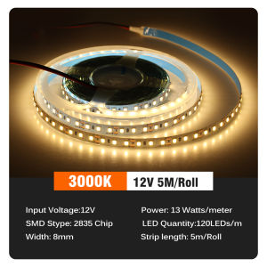 Tranyton 2835 LED Strip Light 12V/24V 120LEDs/m 13W/m High Brightness No Flicker Multiple Color Flexible Cuttable LED Tape for Room Decor Cabinet Ceiling