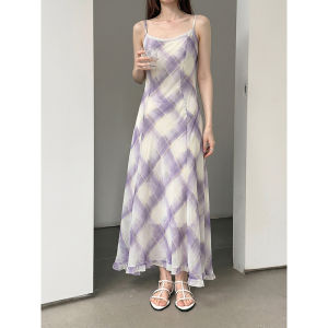 2026 New Summer Women Retro Plaid Irregular Hem Sleeveless Camisole Commuter Long Dress