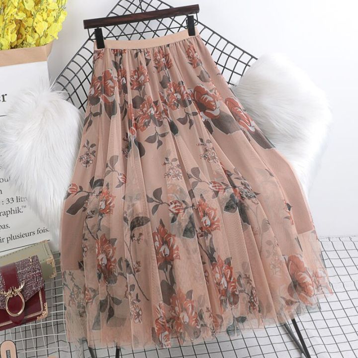 Bohemia Vintage Floral Long Tulle Skirts Womens Elastic High Waist