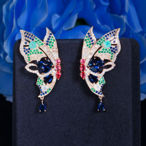 SEQUITO Vintage Golden Butterfly Colorful Cubic Zirconia Unique Women Piercing Symmetrical Big Stud Earring Jewelry Gift SE451