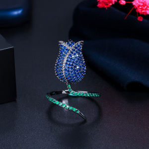 SEQUITO Trang Sức Hoa Hồng Mạ Vàng Màu Đen Thiết Kế Thương Hiệu Nhẫn Mở Có Thể Điều Chỉnh Thiết Lập Đá Cubic Zirconia Màu Xanh Sapphire Cho Tiệc Độc Đáo Cho Nữ SR041