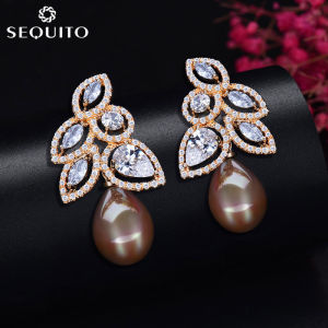 Sequito lấp lánh CZ chiếc lá lớn hình dạng ngọc trai nước ngọt giọt nước treo earing đồ trang sức thời trang với sterling bạc pins đối với phụ nữ Phụ Kiện se092