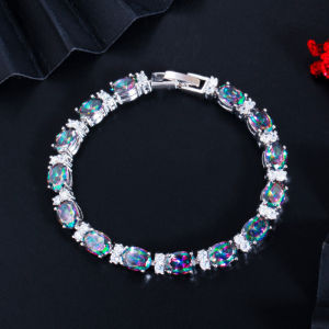 SEQUITO Trendy Women Banquet Jewelry Natural Mysterious Rainbow Topaz Setting Sterling Silver 925 Tennis Bracelets Bangles B115