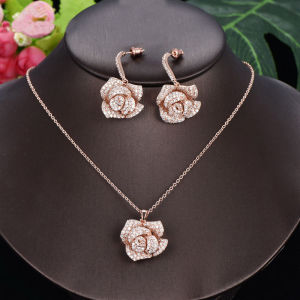 SEQUITO High Quality White Gold Plating Mirco Pave Tiny Cubic Zirconia Rose Flower Pendant Necklace Earrings Set for Bridal Wedding Jewelry Accessories SJ198