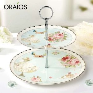 ORAIOS Floral Ceramic Dessert Stand High Tea Stand 2 Layers Display Dessert Tower Stand for Wedding Home Birthday Festival Party