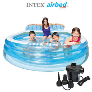Intex ส่งฟรี สระเป่าลมทรงกลม แฟมิลี่เล้าน์จ 2.24x2.16x0.76 ม. 57190 + ที่สูบลมไฟฟ้า