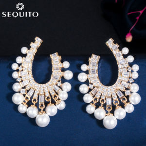 SEQUITO Temperament Elegant Cubic Zirconia Large Tear Drop with Freshwater Pearl Tassel Dangle Earrings for Wedding Women Bridal Prom Party Jewelry SE130