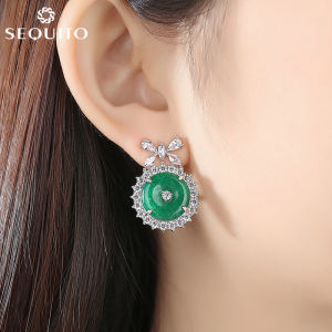 SEQUITO Elegant Fashion Clear CZ Bow Drop with Round Flower Green Emerald Bridal Earrings Party Jewelry SE253