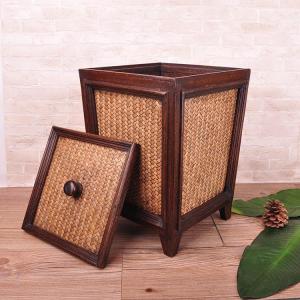 THAILUCKY ถังขยะไม้ มีฝาปิด ทรงสี่เหลี่ยม ขนาด 10 ลิต พร้อมขอบด้านใน ของตกแต่ง