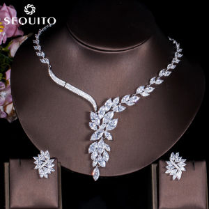 SEQUITO Sang Trọng Rõ Ràng Lá Cubic Zirconia Dài Hoa Vòng Cổ Và Bông Tai Cho Phụ Nữ Trắng Mạ Vàng Wedding Party Jewelry Set