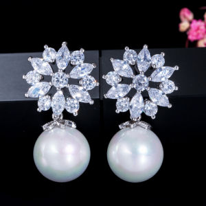 SEQUITO Exquisite Cubic Zirconia Flower Drop Earrings with White Round Pearl Ear Jewelry for Women Christmas Gift SE426