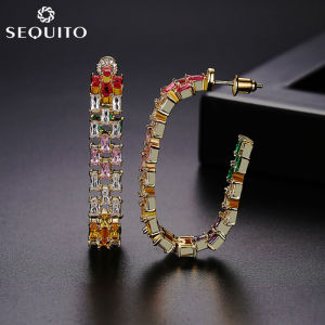 SEQUITO Gorgeous Baguette Cut Cubic Zirconia 18K Gold Plated Big Oval Hoop Earrings for Women Prom Party Costume Jewelry Lady Fashion SE158