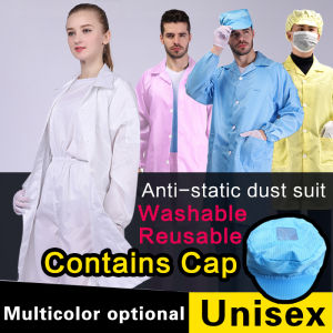 PPE Suit Washable and Cap Reusable Anti Static Smock ESD Jacket laboratory Gown Lab Coat Antistatic Cleanroom Suits Chemical Coverall Dust Proof Uniform Beautician Coveralls Clothing Work Wear Clothes