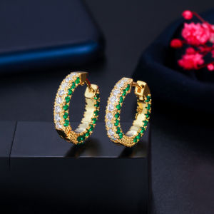 SEQUITO Gorgeous Women Ear Jewelry Yellow Gold Plated Paved Green White AAA Cubic Zirconia Exquisite Round Small Hoop Earrings SE419