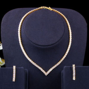 SEQUITO Luxury Yellow Gold Color Engagement Wedding Jewelry Set Paved AAA Cubic Zirconia Choker Necklace Earrings for Women SJ195