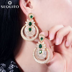 SEQUITO Gold Color Indian Wedding Jewelry Micro Pave Tiny CZ Hollow Large Circle Round Drop Dangle Earrings with Emerald Green Stones for Banquet Accessories SE181