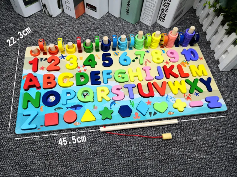 LYZRC Wooden Puzzle Alphabet Match Numbers Counting 1 To 10 Letters Early  Magnetic Fish Fishing Games