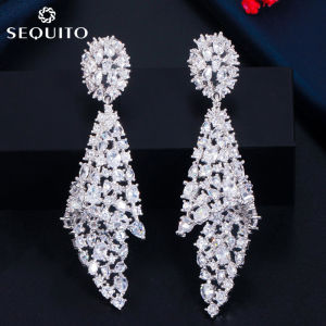 SEQUITO Luxury Brilliant Clear Cubic Zirconia Long Leaf Shape Drop Earrings Women Engagement Wedding Party Jewelry SE263